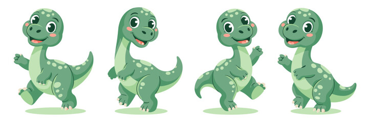 Adorable baby green dinosaur cartoon character collection set, happy prehistoric reptile mascots running, jumping, and walking in a playful vector illustration, ideal graphic resource for kids' educat
