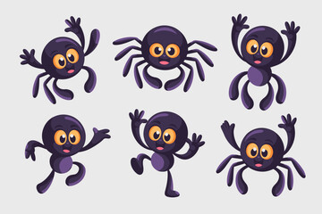 Adorable and friendly vector illustration set featuring six happy purple cartoon spiders in various dancing and active mascot poses, a fun graphic resource for kids' education, playful website design,