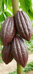 Close-up of ripe cocoa pods growing on a tree branch in a tropical plantation.
