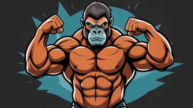 Muscular Gorilla Mascot Flexing Biceps Bodybuilder Cartoon Illustration