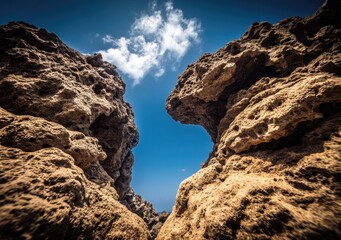 Dramatic view between towering canyon walls.