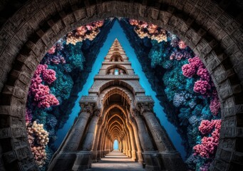Enchanting Gothic Archway with Vibrant Floral Arch and Towering Spire.