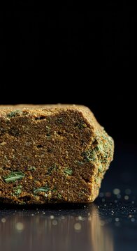 Brown compressed cannabis resin block showing texture detail, representing illegal substance trafficking and unauthorized recreational use ,psychoactive ,forbidden ,medical