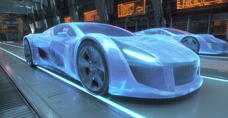 Futuristic Blue Sports Cars on a Cyberpunk Highway.