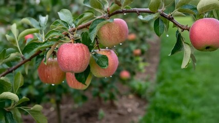 Close-up view of ripe red and yellow apples with water droplets hanging from a tree branch in an orchard. - Powered by Adobe