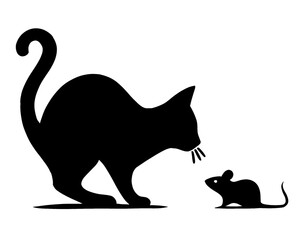 silhouette of cat and mouse, animals playing, icon isolated on white background, type 3
