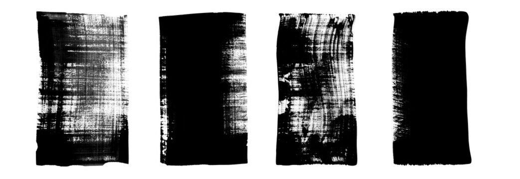 Set of 4 grunge rolled ink stamp textures handmade with brayer. Letterpress vintage rough irregular rectangle vertical background. Linocut relief printing shapes  illustration ON  transparent backdrop