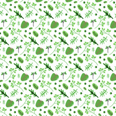 Line Green Leaves Seamless Pattern. Vector Vegetable Background. Cute hand drawn food illustrations