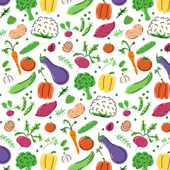 Line Vegetables Seamless Pattern. Vector Vegetable Background. Cute hand drawn food illustrations