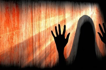 Silhouette of a mysterious figure with outstretched hands against a textured, illuminated background, evoking a sense of fear and suspense.