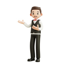 Cartoon waiter gesturing politely while providing information, representing customer service, restaurant professionalism, hospitality, dining assistance, friendly staff, and service industry illustrat