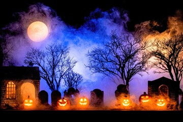Spooky Halloween Night Cemetery with Jack-o-Lanterns and Fog.