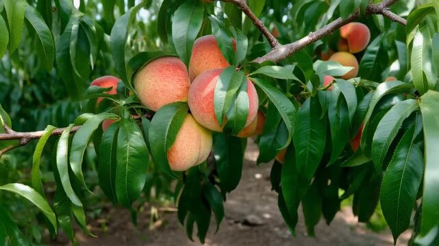 Ripe peaches hanging on a branch of a peach tree in an orchard, surrounded by lush green leaves.