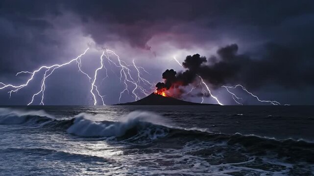 Volcanic eruption with lightning strikes over ocean during stormy night