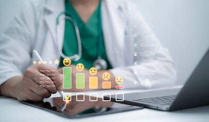Healthcare professional using digital tools to record patient satisfaction ratings and service feedback, highlighting modern medical technology data evaluation and quality improvement in clinical care