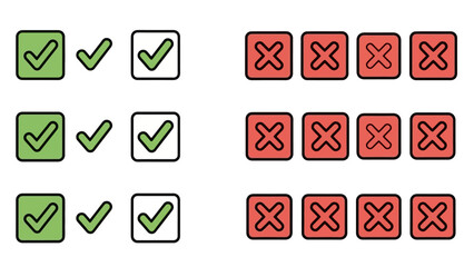 Collection of green checkmarks and red crosses in boxes and standalone