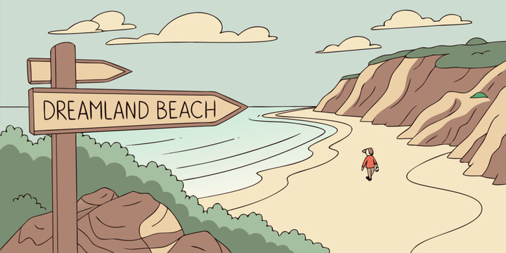 Dreamland Beach sign points the way along a scenic coastal path to paradise