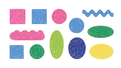 Set of colorful hand-drawn geometric shapes and doodles on white background