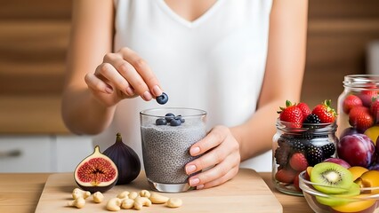 Woman Adding Fresh Blueberry to Healthy Chia Seed Pudding Breakfast