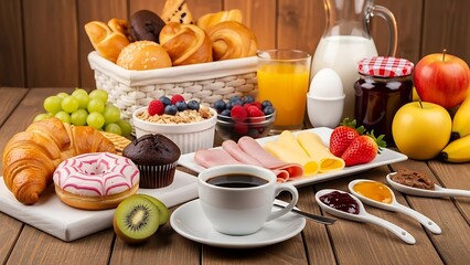 Delicious Continental Breakfast Spread with Coffee, Pastries, Fruits, and Cereal on Wooden Table