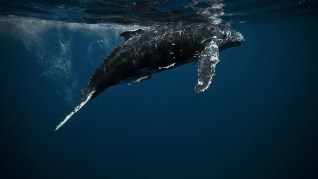Close side view of a whale swimming with smooth, steady motion