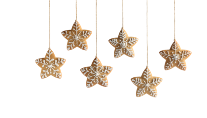 Hanging christmas gingerbread stars isolated on transparent png
