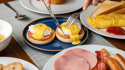 Person Cutting Delicious Eggs Benedict with Hollandaise Sauce at a Bright Breakfast Table