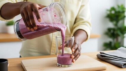 Person Pouring Fresh Berry Smoothie into Glass for a Healthy Drink