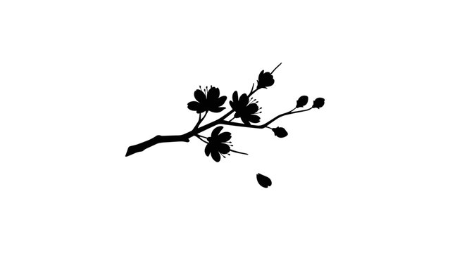 Black silhouette of a flower branch with buds and petals  
