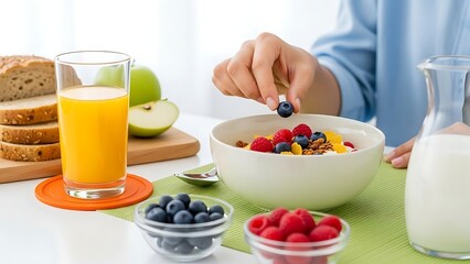 Healthy Morning Breakfast: Hand Adding Fresh Blueberry to Cereal Bowl