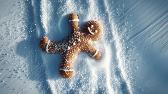 Gingerbread Man Snow Angel Cookie Lying in Fresh Sparkling Powder