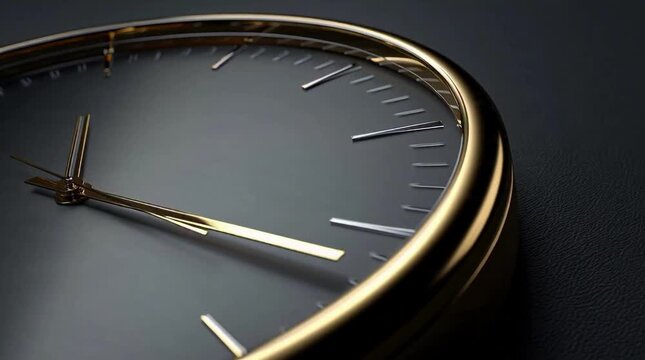 Clock hands moving animation on a close-up of a gold-rimmed clock face with a dark background, suitable for a cinematic feel with a focus on time.