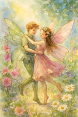 Dancing Fairy Couple Watercolor Illustration &ndash; Whimsical Fantasy Art of Enchanted Forest, Magical Garden, Blossoms, and Ethereal Mythical Creatures for Storybook, Children's Illustration, and Greeting