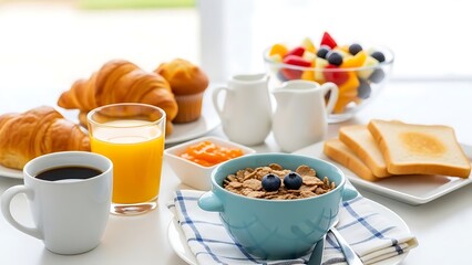 Bright Morning Breakfast Table with Cereal, Coffee, Croissants, and Fresh Fruit Salad