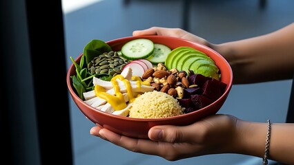 Person Holding Vibrant Healthy Salad Bowl with Chicken, Avocado, and Mixed Greens