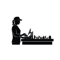 Cashier working at a counter with products silhouette