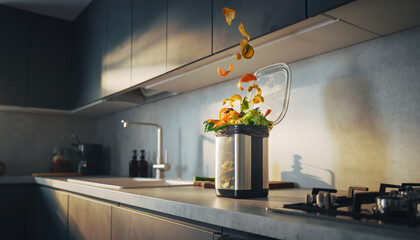 Kitchen Food Waste Composting Bin Fresh Vegetable Scraps Recycling and Sustainable EcoFriendly Kitchen.