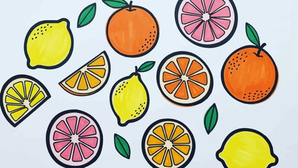 Vibrant Assortment of Citrus Fruits and Leaves Illustration.