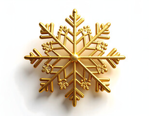 Exquisite golden snowflake ornament with intricate geometric details, casting a soft shadow on a white background