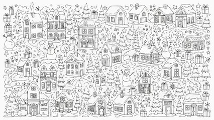 Naklejka premium Winter Wonderland Doodle Art with Charming Houses and Snowy Trees.