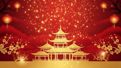 Auspicious Chinese New Year Background with Golden Pagoda Temple, Red Lanterns, and Plum Blossoms for Celebration