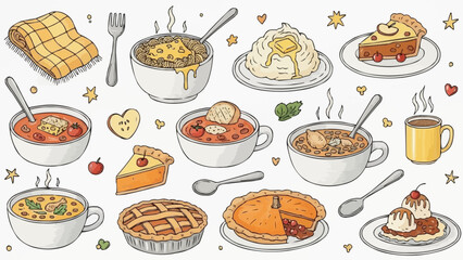 Delicious Autumn Feast Collection Hand Drawn Illustration.
