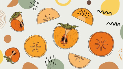 Fresh Persimmon Fruit Slices and Whole Fruits.