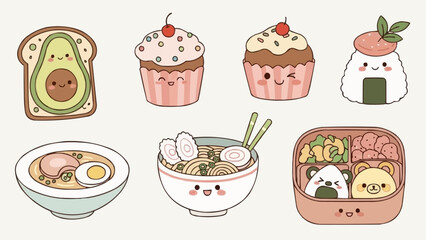 Adorable Kawaii Food Collection with Ramen, Cupcakes, and Onigiri.