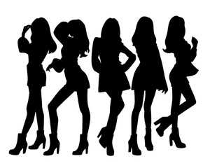Female idol group silhouette, group of beautiful women dancing and posing, isolated icon on white background, type 6

