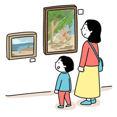 美術鑑賞する親子のイラスト