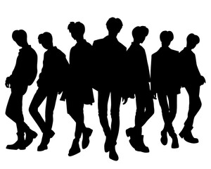 Male idol group silhouette, kpop idol dancing, icon isolated on white background, vector illustration 2