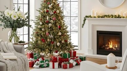 Obraz premium Luxury Christmas tree and gifts in a decorated home interior room with a festive fireplace and holiday lights
