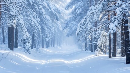 Winter forest path with thick snow, sunlit pine trees, serene