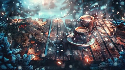 Festive Cozy Winter Scene with Hot Coffee on Wooden Table Surrounded by Pine Branches and Christmas Decorations